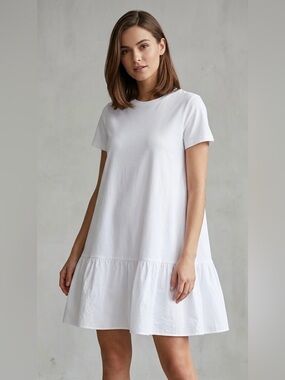 COS‎ White Mixed-Media Tiered Mini Dress | Architectural T-Shirt Dress LWD